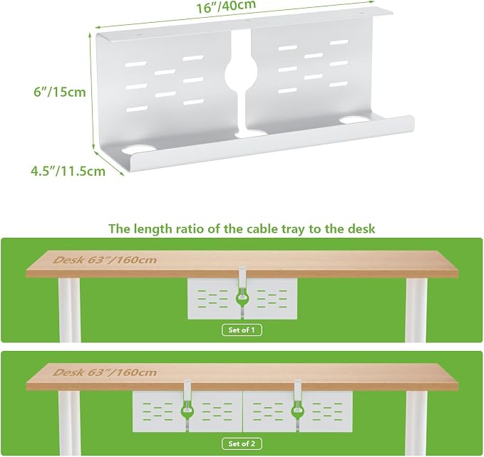 KEEGH 16" Under Desk Cable Management Tray, No Drill Clamp Mount, Extra Large Desk Cord Organizer Upgrade Capacity, Cord Management Tray for Home Office, Gaming Desk, Standing Desk,White, 3 Pack