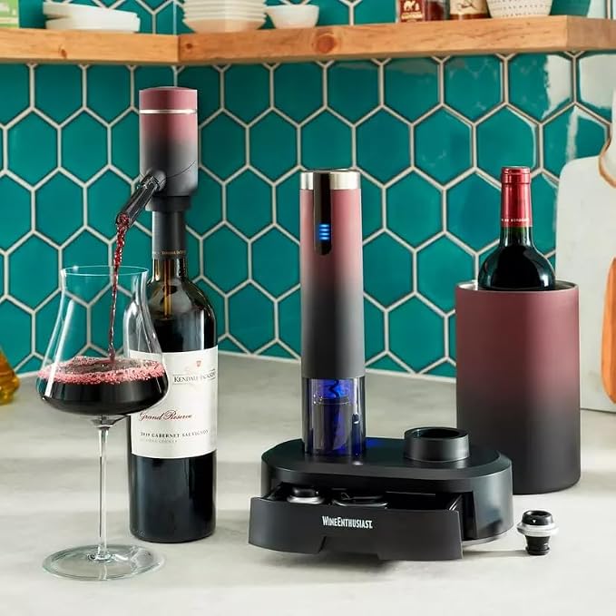 Wine Enthusiast Electric Blue Omega All-In-One Automatic Wine Opener & Preserver Set - Fully Electric Corkscrew with Charging Station & Accessories – Aerate Wines & Seal Bottles, 7 Piece Set (Ombre)