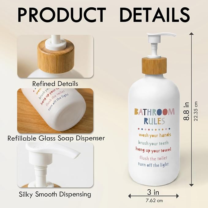 Bathroom Rules Soap Dispenser, Kids Bathroom Countertop Hand Soap Dispenser with Pump, Colorful Boho Toddler Decor Handsoap Refillable Glass Pump Bottle Container