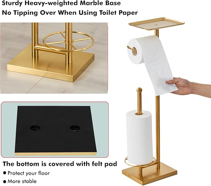 Toilet Paper Holder with Tray At the Top, Heavy-Weighted Base No Wobbly, Freestanding Toilet Paper Rolls Stand, Hold Extra 3 Paper Rolls On the Base (Gold)