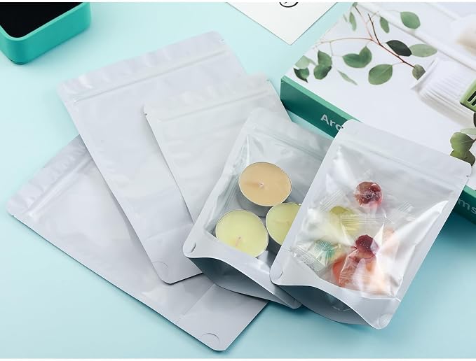 200 Mylar Bags for Food Storage 5X8 Mylar Bags with Window Candy Packaging Resealable Bags White Stand Up Pouches Edible Packaging for Small Business