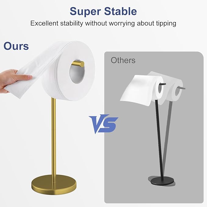 Brushed Gold Toilet Paper Holder Stand, 22.2" H Free Standing Toilet Paper Roll Holder Storage Shelf with Weighted Base, Rustproof Stainless Steel Bathroom Tissue Storage for Mega Rolls