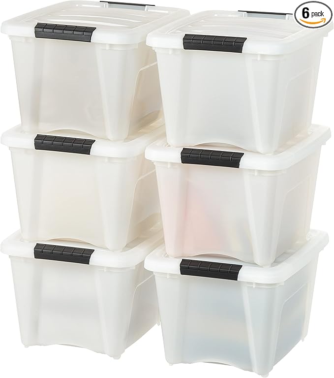 IRIS USA 19 Qt Stackable Plastic Storage Bins with Lids, 6 Pack - BPA-Free, Made in USA - Discreet Organizing Solution, Latches, Durable Nestable Containers, Secure Pull Handle - Pearl