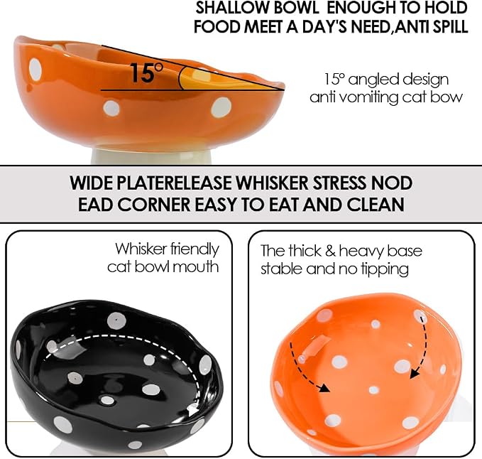 Red and Orange Mushroom Cat Bowl Set, 2PCS Elevated Ceramic Bowls for Cats | Cute Mushroom Set, Elevated, Ceramic, Whisker Friendly, Multi-Cat