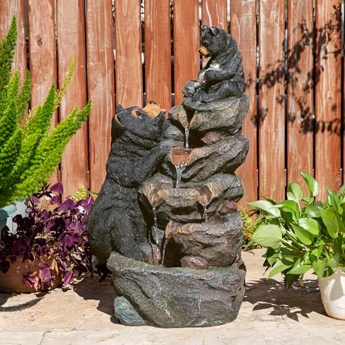 Glitzhome Water Fountain Outdoor, Outdoor Fountain with Lights & Pump, 30.5" H 4-Tiered Mom and Baby Bear Polyresin Cascading Waterfall Floor Standing Water Feature for Garden, Patio, Yard, Deck