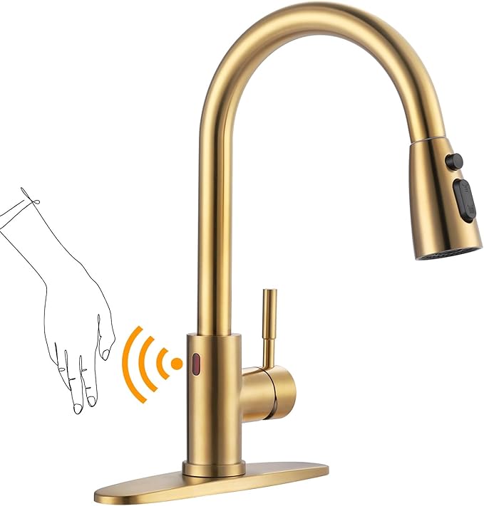 Touchless Kitchen Faucet Stainless Steel: WOWOW Smart Motion Sensor Kitchen Sink Faucet with Sprayer, Automatic Hand-Free Brushed Gold Kitchen Faucet for Sink 1 or 3 Hole