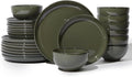 Pokini 24 Piece Dinnerware Set for 8, Santorini Mist Terracotta Plates and Bowls Sets, Complete Stoneware Dish Set for Large Families and Entertaining, Microwave & Dishwasher Safe, Blackish Green
