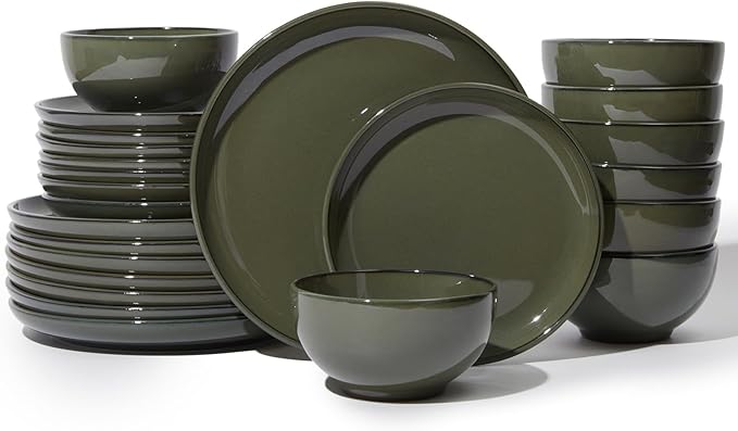 Pokini 24 Piece Dinnerware Set for 8, Santorini Mist Terracotta Plates and Bowls Sets, Complete Stoneware Dish Set for Large Families and Entertaining, Microwave & Dishwasher Safe, Blackish Green