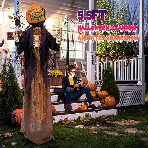 Tangkula 5.6 FT Halloween Animated Pumpkin Scarecrow with Moving Head