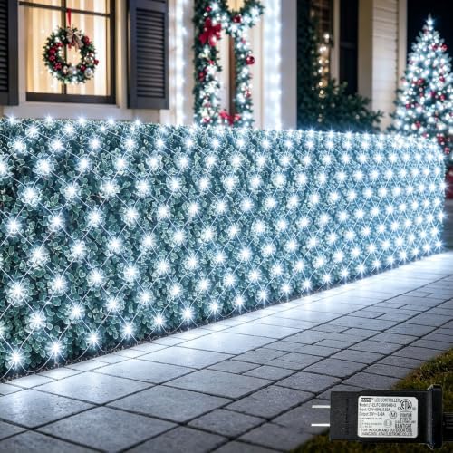 Lovelite 510LED Christmas Net Lights, 28ft x 5ft Net Lights Outdoor 8 Modes, Waterproof Connectable String Lights Green Wire Plug in for Xmas Tree Bushes Garden Holiday Party Decor - Cool White