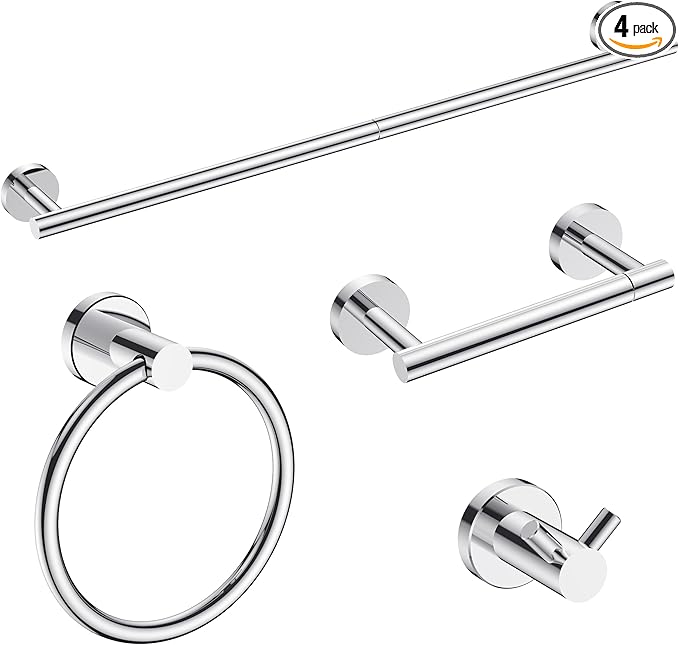 FORIOUS Bathroom Hardware Accessories Set, SUS304 Stainless Steel Towel Bar Set, Modern Towel Racks Holder for Bathroom, Toilet Paper Holder Wall Mounted 4 Pieces(24" Bar, Chrome)