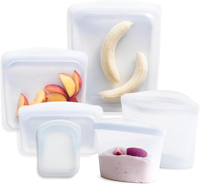 Stasher Premium Reusable Silicone Food Storage Bags, 6-Pack, Clear | Food-Safe Silicone, Eco-Friendly, Reusable Freezer Bags, Microwave, Dishwasher, Oven, Snack Bags, Lunch Containers, Meal Prep