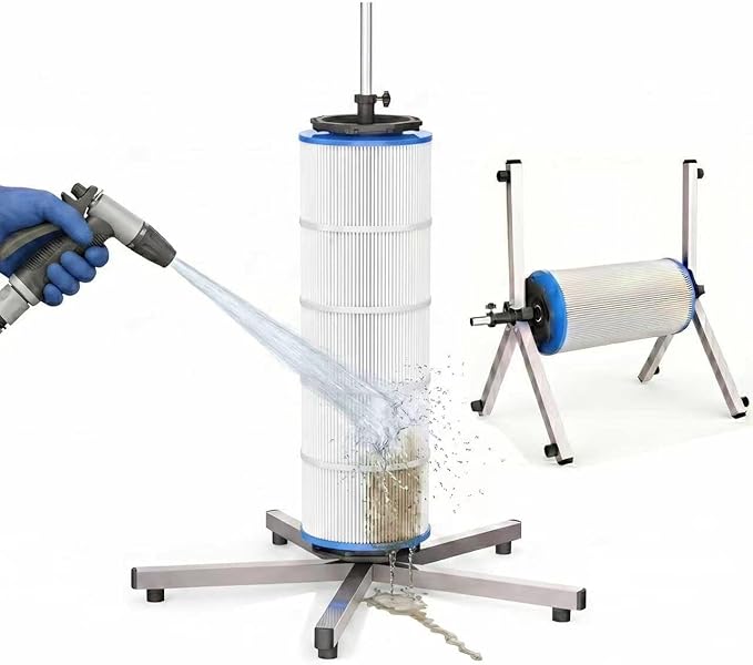 Deerchirp Filter Cleaner, Cut Cleaning Time By 6X for Deeper Cleaning, Rotary Pool Cartridge Filter Cleaner, Bend-Free Use, Stainless Steel Pool Filter Cleaning Stand Tool, Fits 3”, 4”, 6” ID Filters