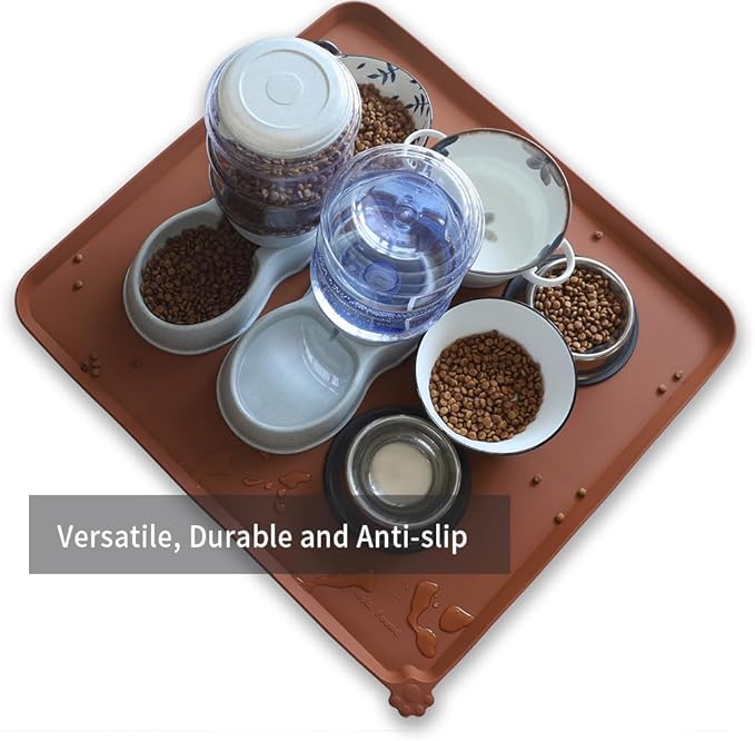 Hoki XX-Large Silicone Non Slip Pet Food Mats - Tray, Dog & Cat Bowl Mats, Waterproof, for Carpet, Caramel
