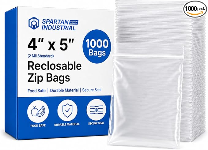 Spartan Industrial - 4” X 5” (1000 Count) 2 Mil Clear Reclosable Zip Plastic Poly Bags with Resealable Lock Seal Zipper