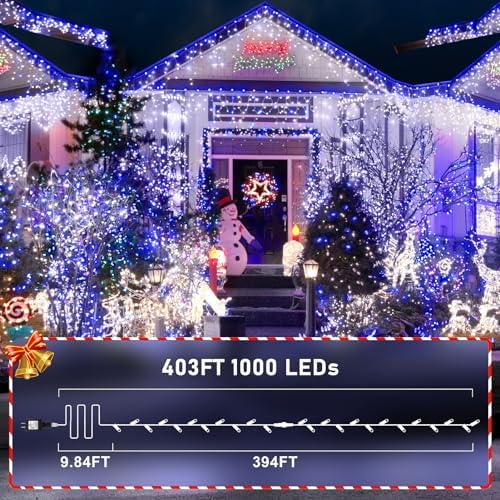 KNONEW 403FT 1000 LED Christmas Lights Outdoor String Light with 8 Modes and Timer Memory Waterproof Fairy Lights Decorations for Xmas Tree Yard Wedding Backdrop Decor(Blue and White)