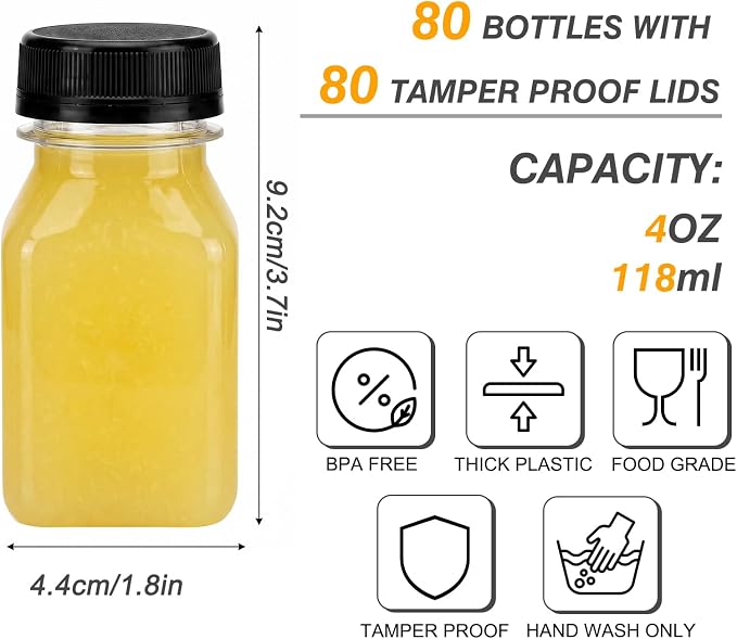 TOMNK 80pcs Juice Bottles with Caps, 4oz Plastic Containers with Lids Empty Reusable Clear Ginger Shots Bottles with Label, Funnel, and Brush Beverage for Juicing, Smoothies, Drinking, Fridge