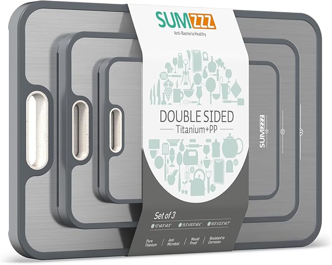 Titanium Cutting Board, Double Sided Food Grade Pure Titanium/PP, Cutting Board for Kitchen, Easy to Clean Large Size [18”*12.5”+15.5”*10.5”+12”*8.5”]