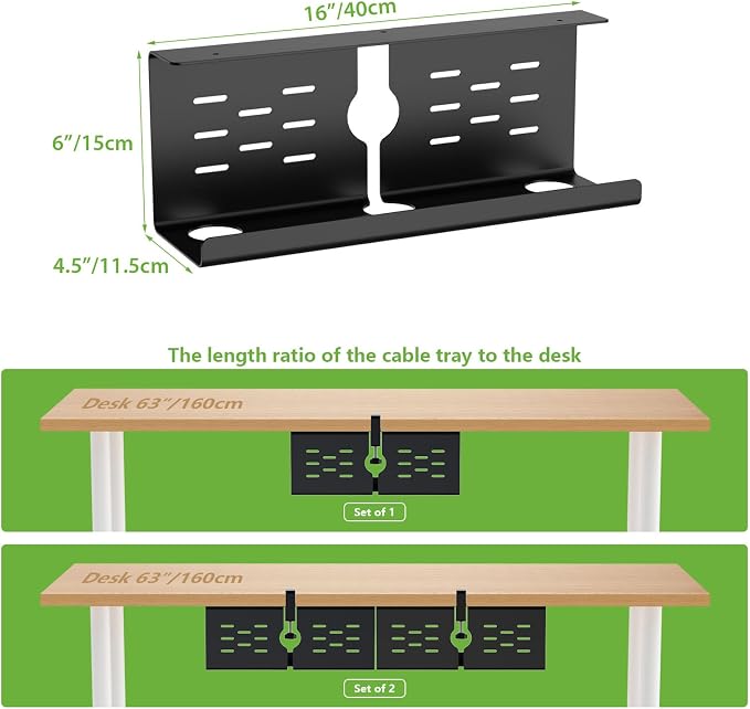 KEEGH 16" Under Desk Cable Management Tray, No Drill Clamp Mount, Extra Large Desk Cord Organizer Upgrade Capacity, Cord Management Tray for Home Office, Gaming Desk, Standing Desk, Black, 3 Pack