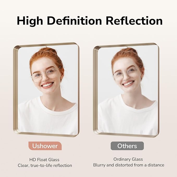 USHOWER Gold Bathroom Mirror 22"x30", Brushed Champagne Gold Rectangle Mirror for Over Sink, Aluminum Frame, Anti-Rust, Tempered Glass, Horizontal or Vertical Mounted