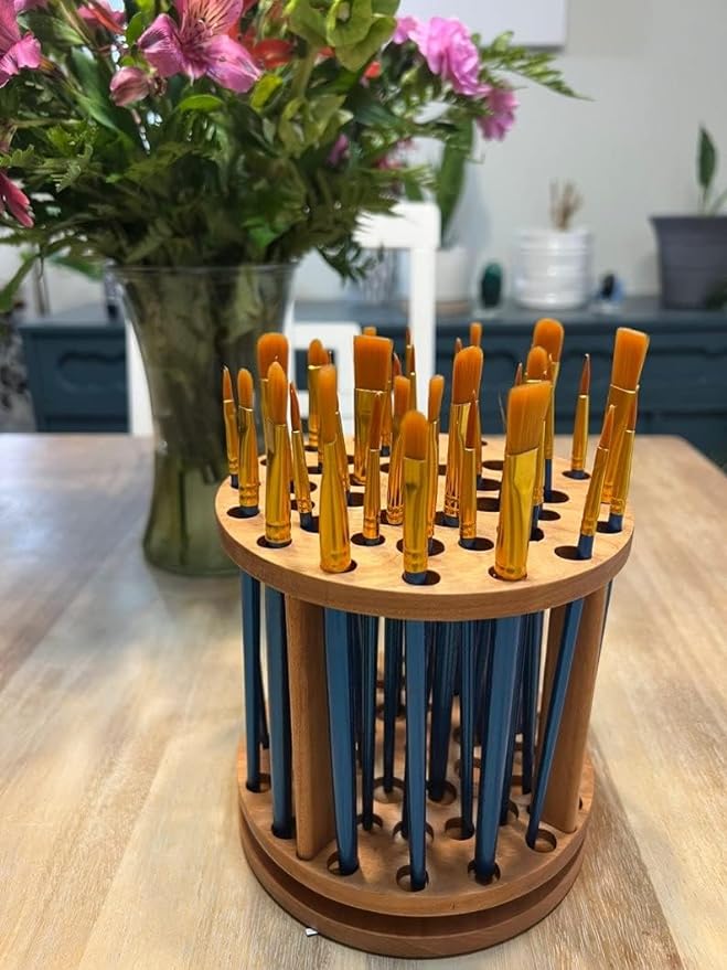 Rotating Paint Brush Holder - Handmade Paint Brush Holder Rotating Art Supply Organizer – Large Capacity Cherry Hardwood Brush Organizer for Desk, Arts and Crafts