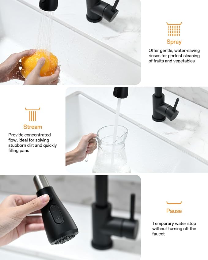Kicimpro Matte Black Kitchen Faucet with Pull Down Sprayer, 304 Stainless Steel, 23-Inch Extended Hose Design, Three Water Functional Ways, Easy Installation | 304 Stainless Steel,10-Min DIY Install,23-Inch Pull-Down Hose,2-Function Spray,360° Swivel S...
