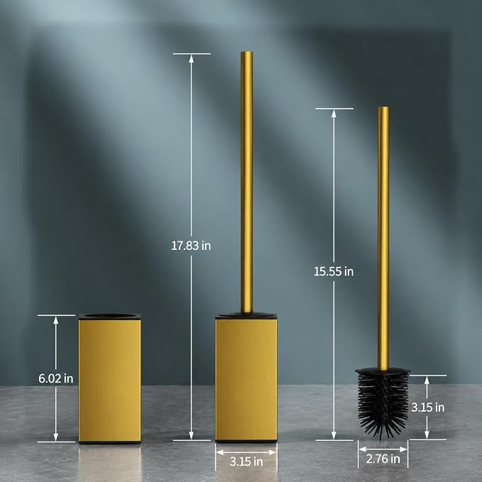FORIOUS Short Toilet Brush and Holder Set, Heavy Duty 304 Stainless Steel Base Square and Long Handle for Bathroom Deep Cleaning, Drip-Proof, Space Saving for Storage, 2 Toilet Bowl Brush Head, Gold