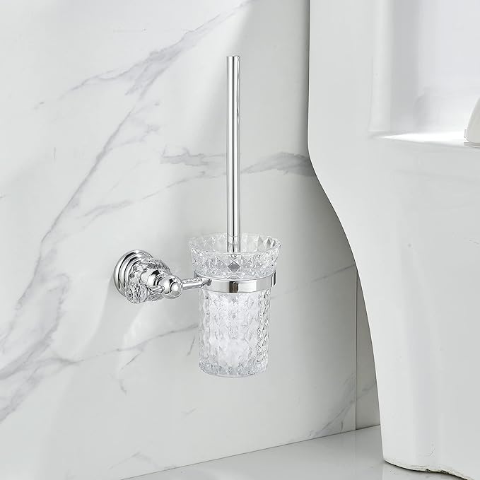WOLIBEER Crystal Toilet Brush Holder, Chrome Toilet Cup Set with Polished Silver Brush Handle Wall Mounted for Bathroom - Decorative Design,Space Saving.