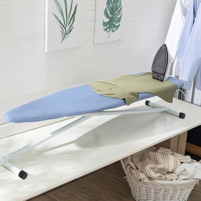 Full Size Ironing Board with Cover & Pad – USA-Made with Enhanced Grip Feet for Extra Stability – Adjustable Steel T-Legs 35" H – Perforated Top – Durable Iron Board for Home Laundry Room Light Blue