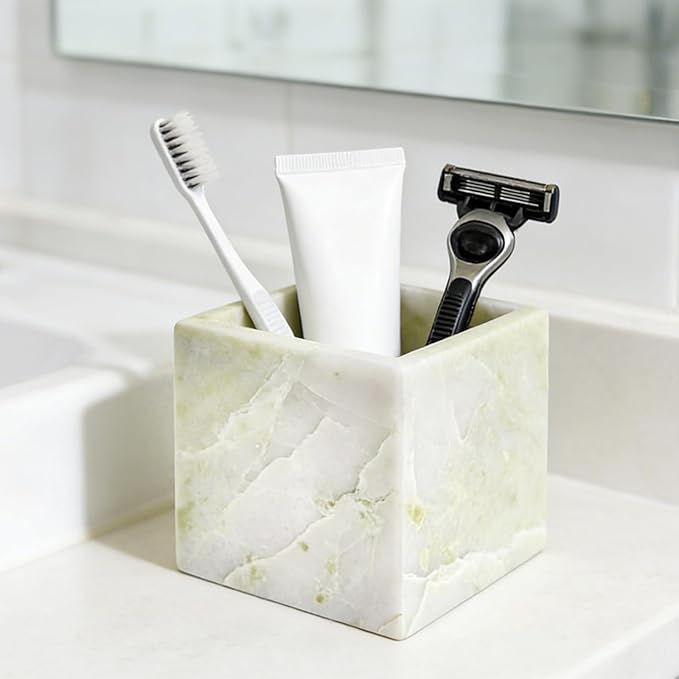 Natural Marble Makeup Brush Holder for Vanity, Toothbrush Holder for Bathroom, Luxurious Countertop Organizer, Green Bathroom Accessories Square