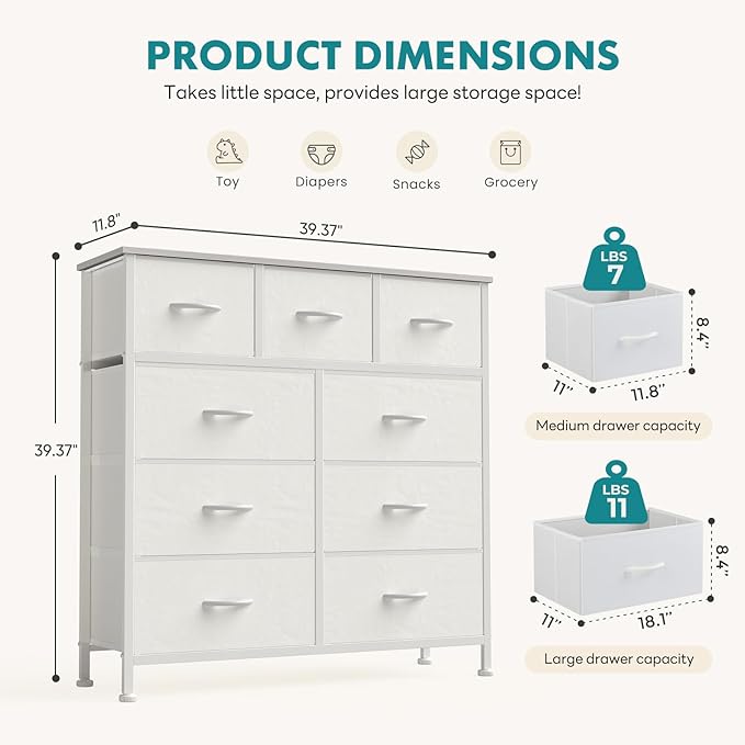 OLIXIS 9 Drawer Storage Dresser with Wood Top - Wide Fabric Chest Organizer for Bedroom, Closet, Living Room,Tower Cabinet, TV Stand, Hallway Entryway Furniture,Bright White