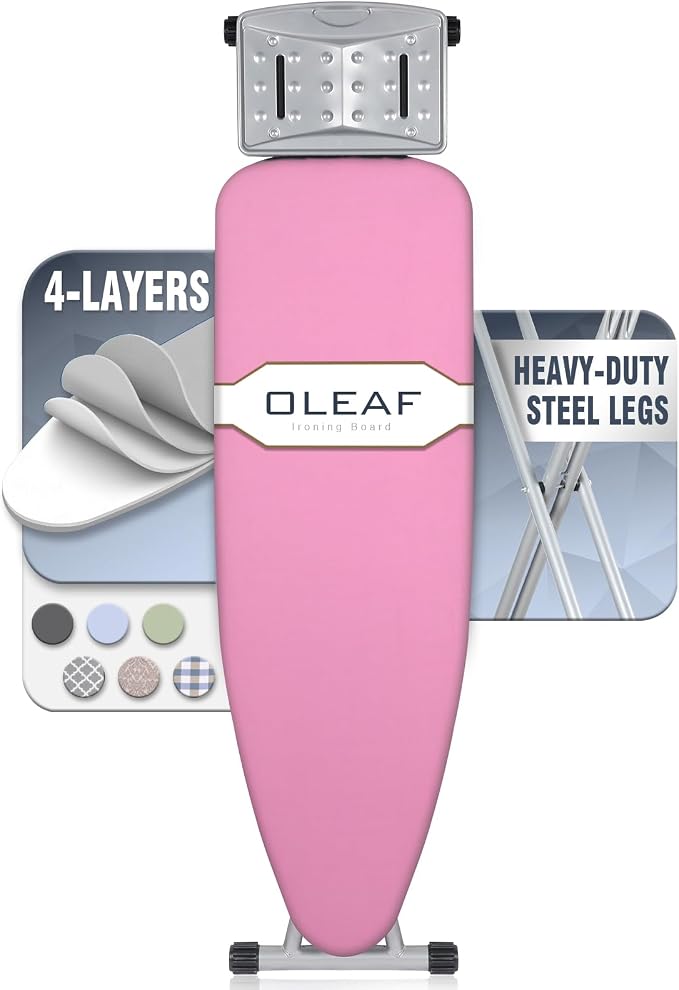 oleaf Ironing Board with Cover and Thicken Pad Height Adjustable Full Size Foldable Iron Board with Iron Rest, Stable Steel Legs, Metal Construction, Heat Resistant, Pink