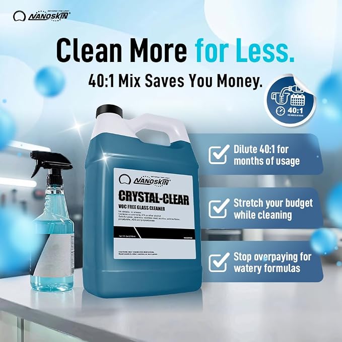 Nanoskin CRYSTAL-CLEAR VOC-Free Glass Cleaner 16 oz - Ultra-Concentrated, Eco-Friendly, Streak-Free Finish | Versatile Use for 40:1 Dilution | Perfectly Safe for Auto, Home, Garage & Beyond
