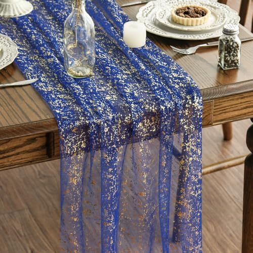 Artoid Mode 10PCS Blue Gold Gauze Table Runner 120 Inch 10FT, Glitter Metallic Foil Sheer Dining Wedding Anniversary Holiday Table Decor for Home Party