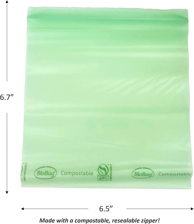 BioBag 100% Certified Compostable Resealable Sandwich Bags, 25 Count, Perfect for Lunches, Snacks, and On The Go Green