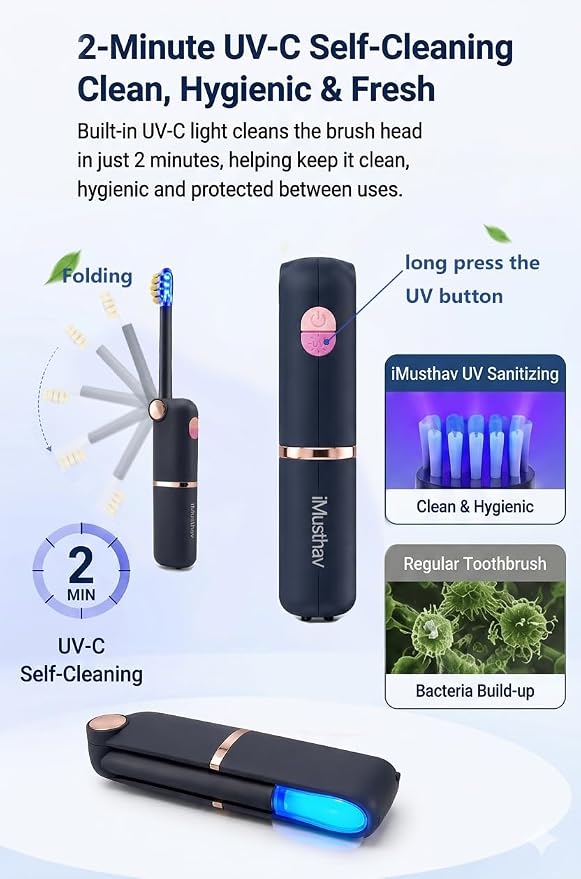 Foldable Travel Electric Toothbrush, Self Cleaning Toothbrush | Battery Operated, Blue LED Light, Whitening Toothpaste, 3 Modes with Smart Timer, 6 Replacement Brush Heads