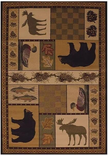 Rustic Cabin Deer Rugs 4x6ft Lodge Bear Fish Area Rug for Laundry Room Dining Room Under Table Non-Slip Wildlife Bear Moose Entryway Mat