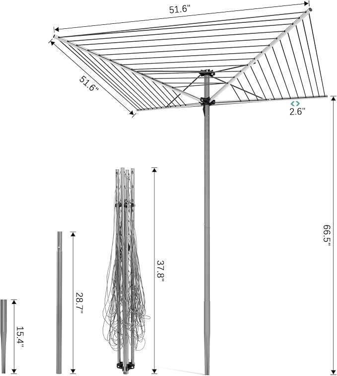 131FT Outdoor Umbrella Clothes Drying Rack | 131FT Metal Drying Rack Clothing, 4-Arm 360°Rotary, Collapsible Clothesline for Lawn Garden Backyard, 67.52" Height