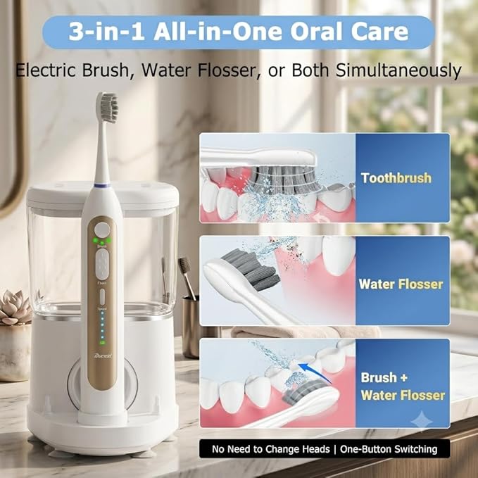 3-in-1 Electric Toothbrush with Water Flosser, Upgraded Flossing Toothbrush with 5 Speeds & 3 Modes, 30 Days/Charge for Teeth Cleaning and Plaque Removal, Sensitive Teeth & Dental Implants