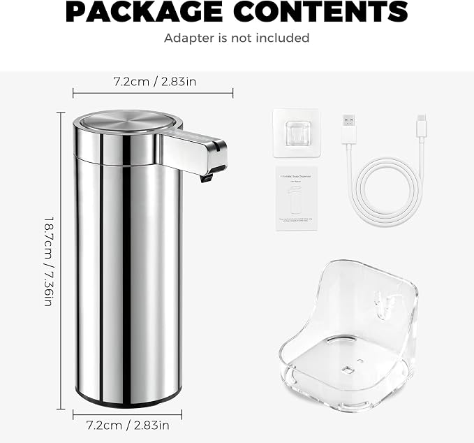 Touchless Automatic Soap Dispenser Stainless Steel with Sensor Infrared 9 oz Electric IPX5 Waterproof USB-C Charging Motion Sensor for Kitchen & Bathroom (Chrome Silvery)