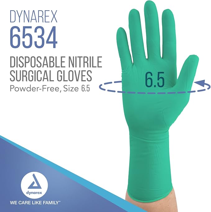 Dynarex Sterile Nitrile Surgical Gloves, Powder Free, Size 6.5, 50 Pairs of Gloves, White, 6.5