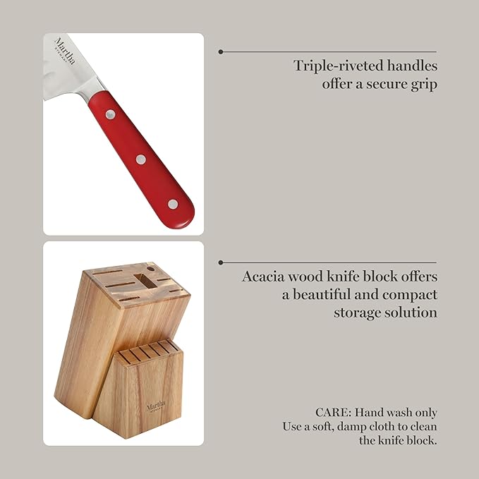 MARTHA STEWART Eastwalk 14 Piece High Carbon Staineless Steel Cutlery Knife Block Set w/ABS Triple Riveted Forged Handle Acacia Wood Block - Red