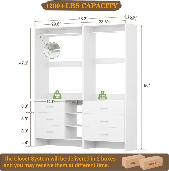 Aheaplus Closet System with 6 Drawers, 4.5ft Wood Closet Organizer System, Walk-in Closet or Small Closets Wardrobe, Clothes Rack with Hanging Rods, Set of 2, White