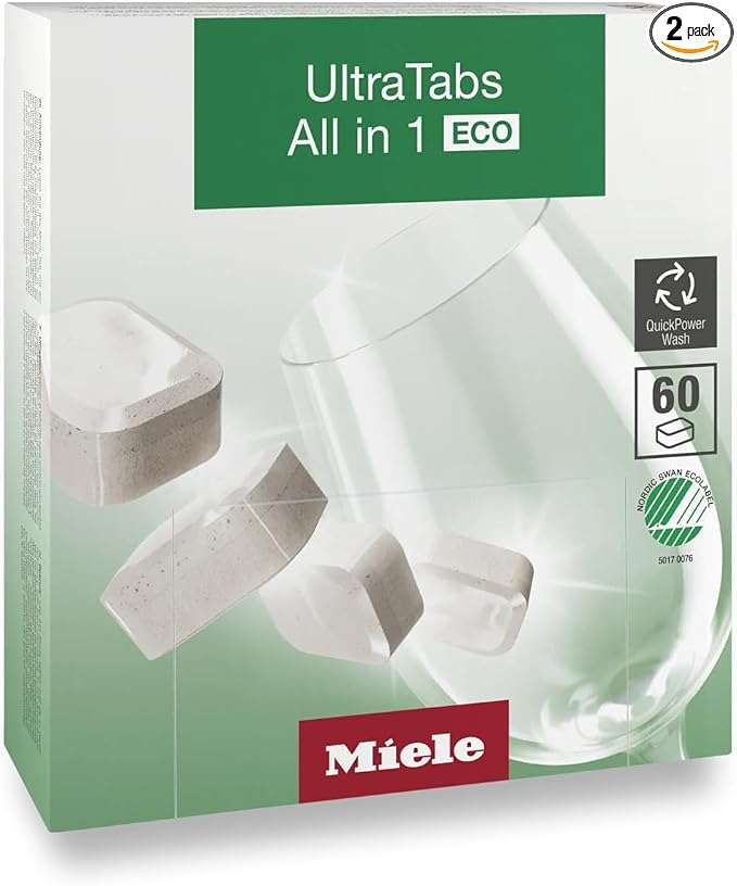 Miele UltraTabs All-in-One Dishwasher Detergent Tabs ECO, Compatible with All Dishwashers, 60 Tabs, 2 Pack