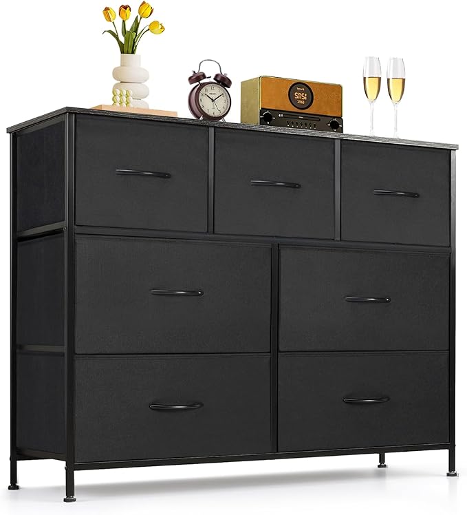 7-Drawer Dresser for Bedroom, Anti-Tip Wide Storage Organizer Fabric Chest of Drawers TV Stand for 45" TV with Wooden Top and Metal Frame for Closet, Living Room, Hallway, Entryway, Black