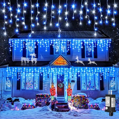 99FT Icicle Lights for Outside 1216 LED Blue and White Christmas Lights