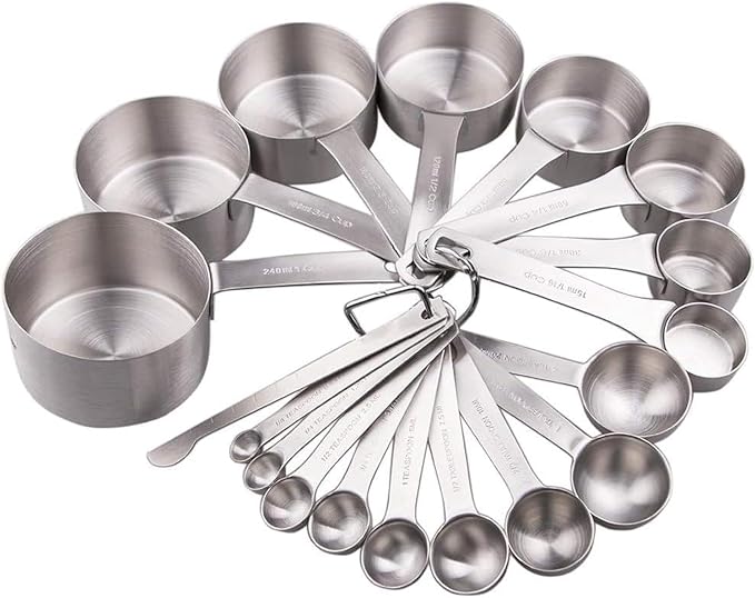 Measuring Cups and Spoons Set, 18/8 Stainless Steel Measuring Cups and Spoons Set for Kitchen & Baking, Heavy Duty Metric & US 8 Measure Cups & 9 Spoons & 1 Leveler