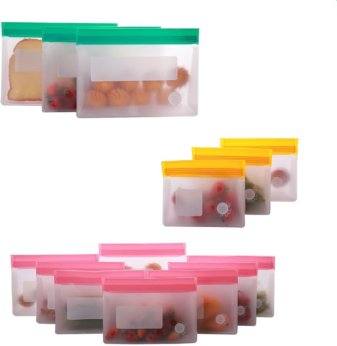 Reusable Food Storage Bags – 14-Pack Stand-Up, BPA-Free, Freezer, Dishwasher Safe & Eco-Friendly – 3 L, 8 M, 3 S Bags – Airtight Leakproof, Sandwich, Snack, and Meal Prep Baggies (Multicolor)