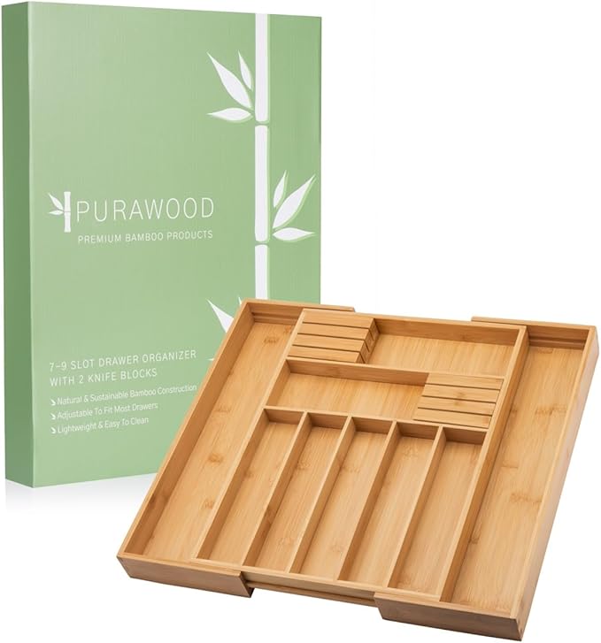Purawood Bamboo Drawer Organizer with Knife Blocks - Silverware Organizer & Utensil Drawer Organizer, Cutlery Tray with Dividers, 7-9 Slots- Premium Kitchen Organizer for Utensils & Flatware (Natural)