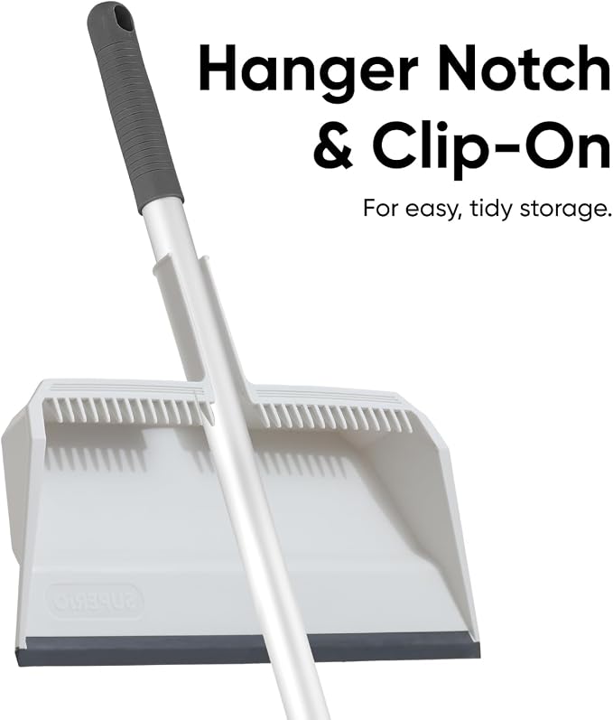 Superio 18" Horse Hair Upright Broom and 16" Dustpan with Comb – Narrow Thin Dust Broom for Dog Hair – Telescopic Handle – Floor Cleaning Set for Hardwood & Tile – Gray/White